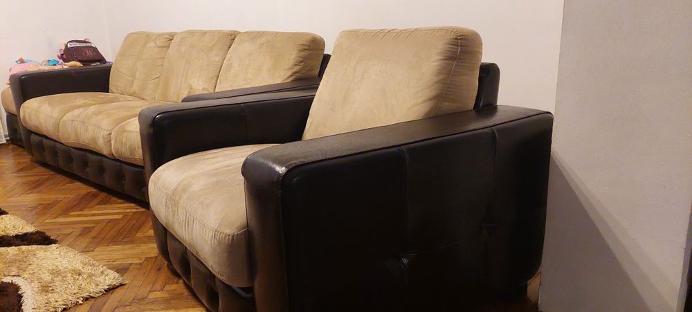 Canapea , fotoliu și taburet  mobexpert piele naturala/piele intoarsa