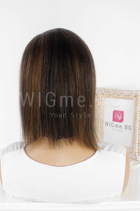 Черна перука от ЕСТЕСТВЕН косъм с кестеняви кичури Селена