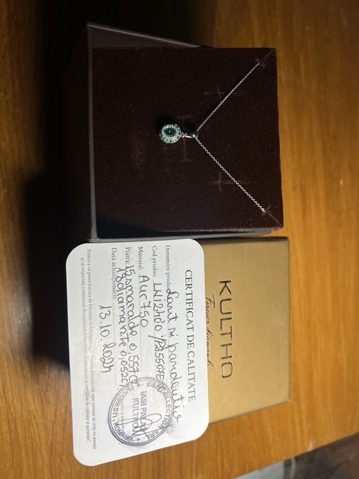 Lant si Pandantiv Smarald Diamant Aur alb 18k-  KULTHO