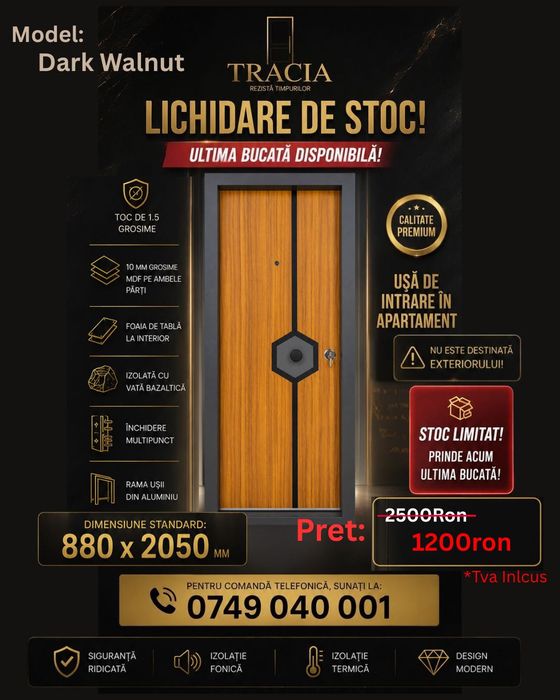 Ușă Apartament Dark Walnut – Lichidare Stoc