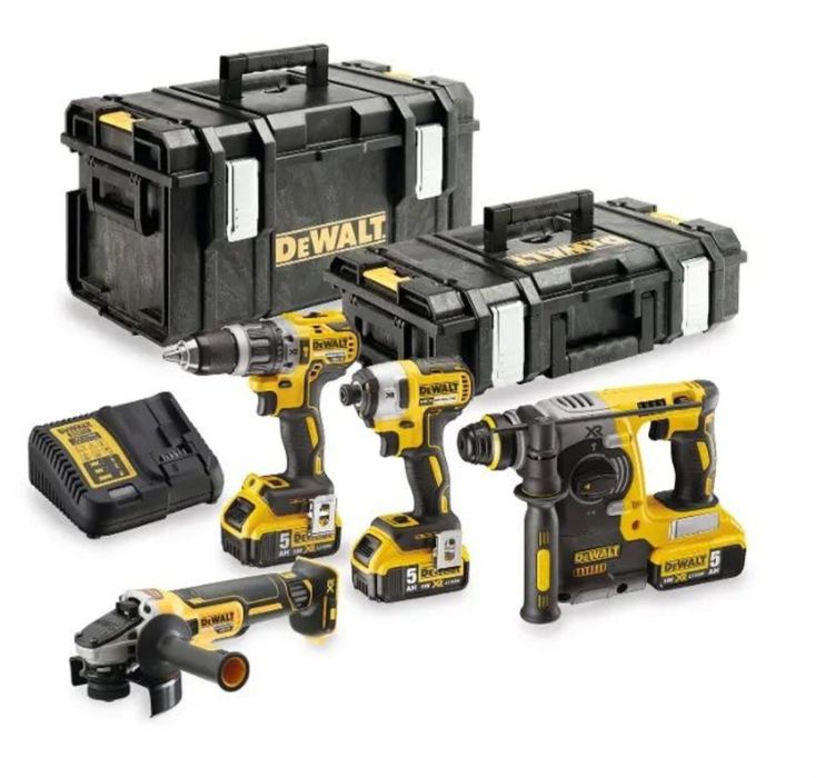 DeWALT 18V XR 4-в-1 комплект с 3 батерии 5Ah, зарядно и куфари. Професионални машини, подходящи за строителство и ремонт.