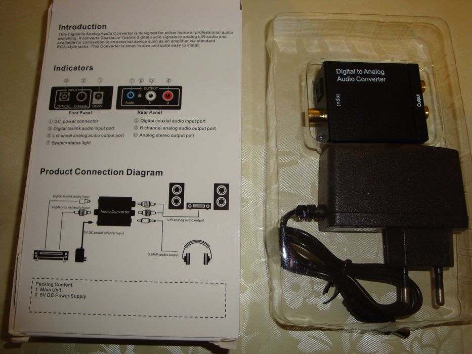 Adaptor audio digital DAC optic analogic RCA jack coaxial TV player