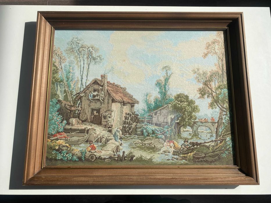 Ръчно ушит гоблен ,,Воденицата на Буше", рамкиран в луксозна рамка (81.5х65.5см)