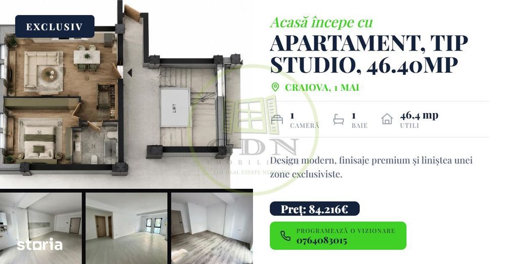 Apartament nou, tip studio, 46.40mp, cartier 1 Mai