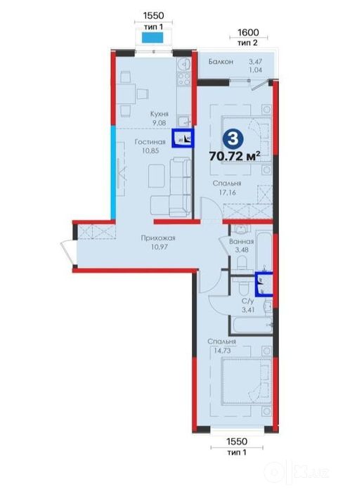 Жк NRG Meros 3х-комнатная 71.32м2 коробка