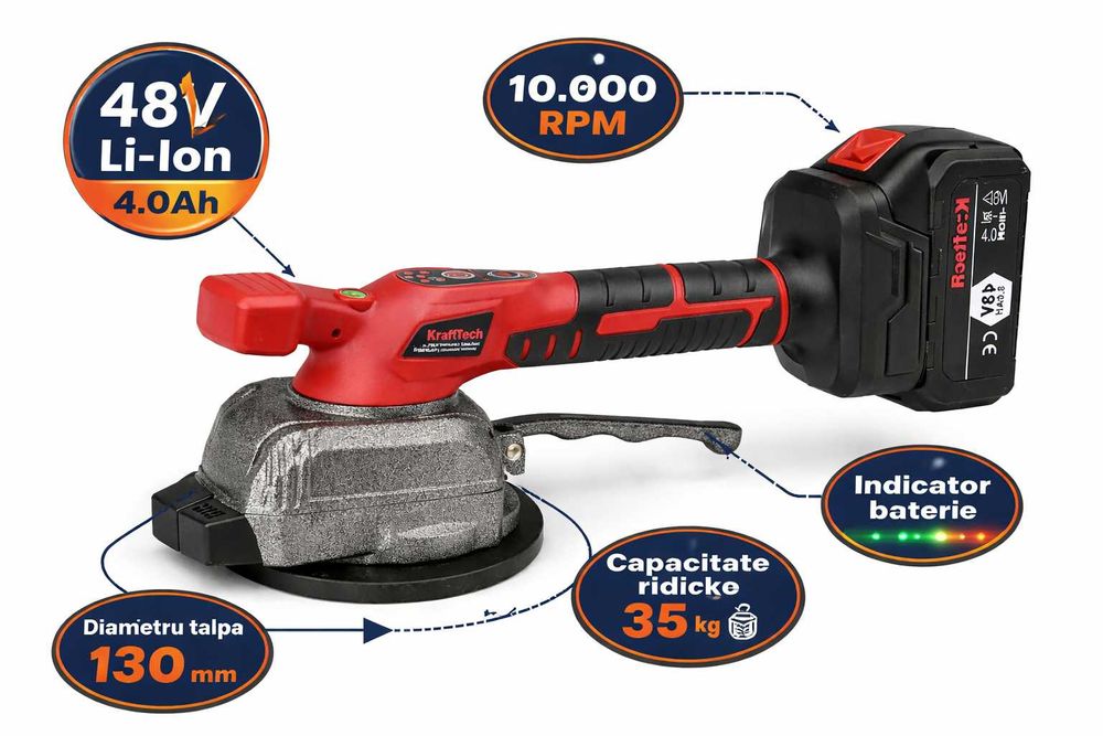 Vibrator placi gresie 48V KraftTech 35kg cu acumulator