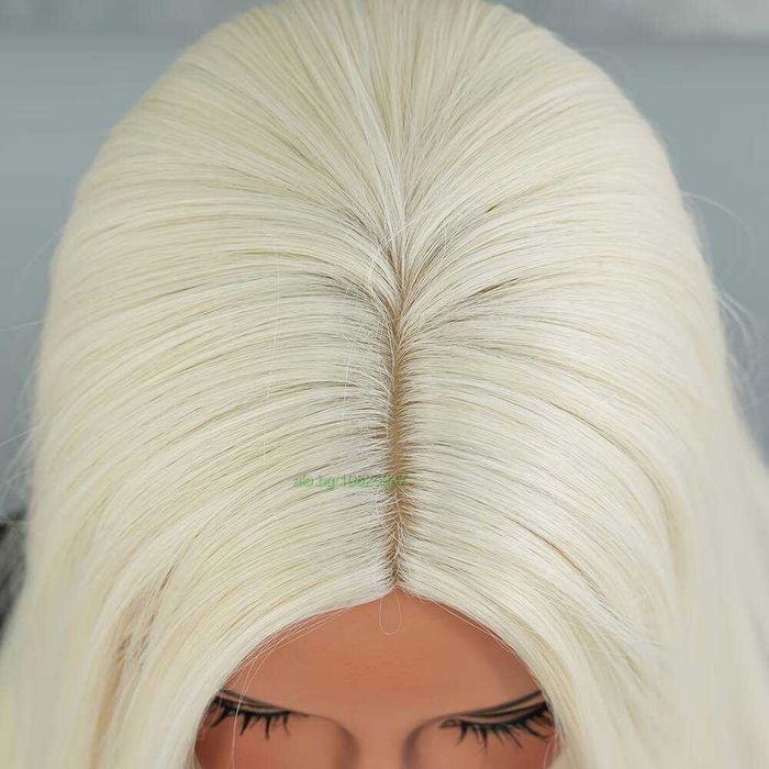 Перука 80 см - платинено светло руса, дълга права, синтетична, с път