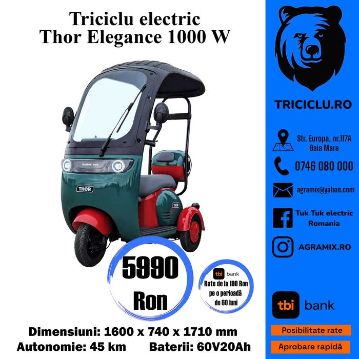 Triciclu electric THOR ELEGANCE tuk tuk 1000W nou  Agramix