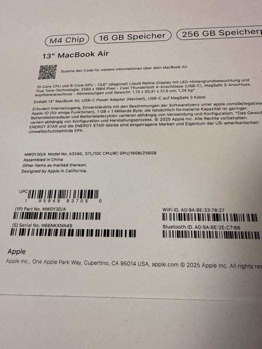 Macbook Air 13 M4 Chip 16Gb R cu 256Gb Noi Sigilate