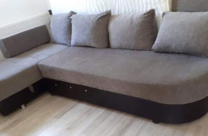 Colțar extensibil cu lada depozitare, 4 perne, stofa, gri 280x140 cm