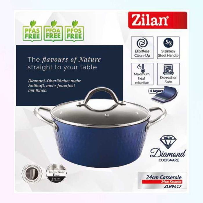 Керамична тенджера с капак и с диамантено покритие, 24 см, индукция