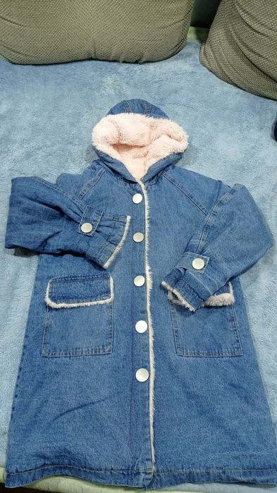 Куртка-пальто, с капюшоном, искусственном меху, джинсовая, женская, ра