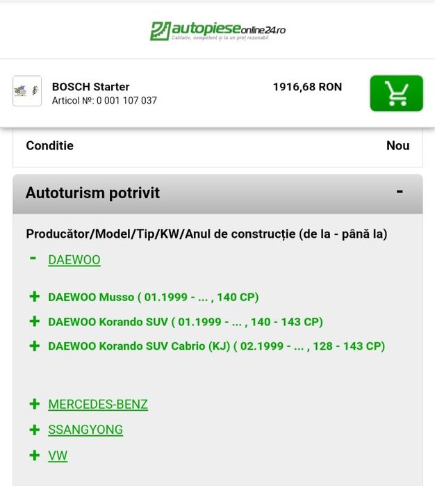 Demaror, electromotor, starter Bosch pentru Mercedes, VW, Ssangyong