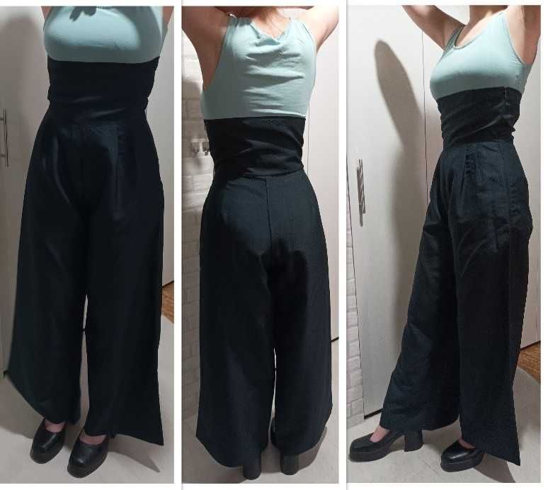 Pantaloni negri largi cu talie înaltă și bretele, măr.M (38-40)
