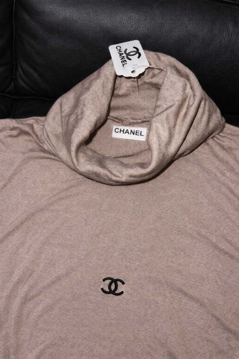 кафява блуза поло шанел беж дълъг ръкав с поло трикотажна еластична