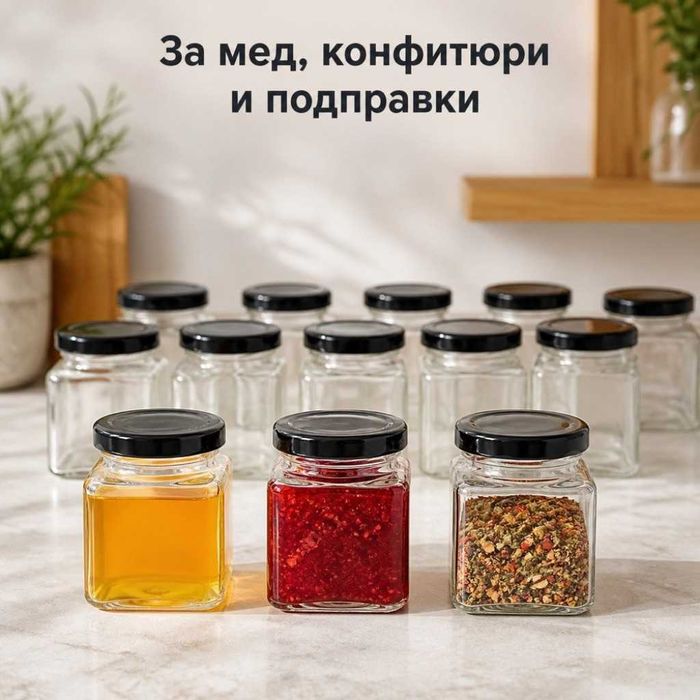 Комплект 12 квадратни стъклени бурканчета 80 мл с черни капачки