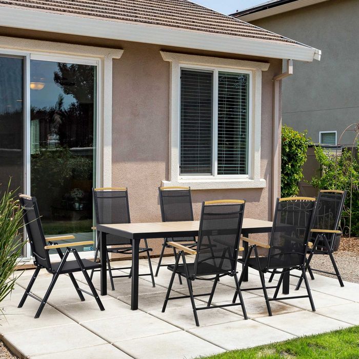 Outsunny Set Mobilier de Gradina si Terasa, 7 Piese, Masa cu Blat din Sticla si 6 Scaune Pliabile, Reglabile din Textilena, Rezistent la Intemperii