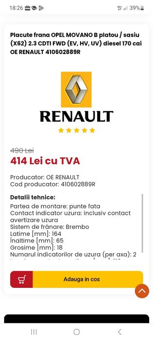 Filtru combustibil+placuțe frână față originale Renault pt. Renault Ma