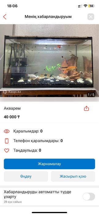 Аквариум  80 л балыктарымен бирге