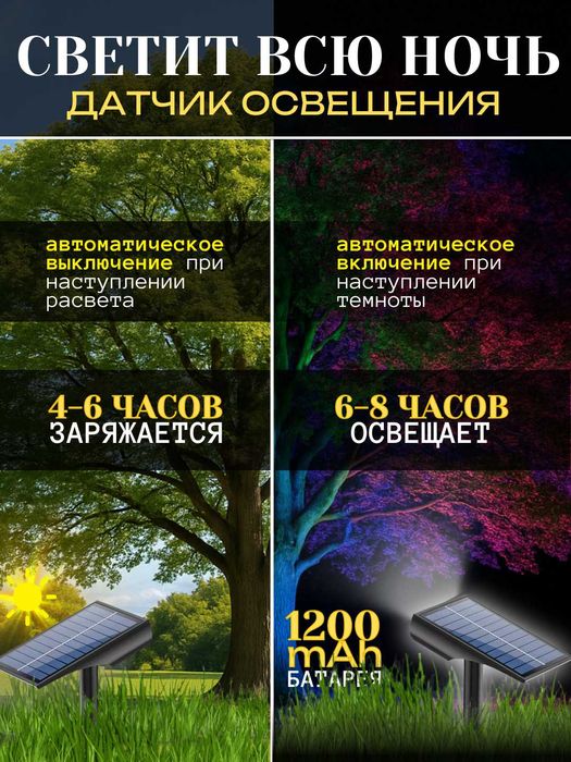 Фонарь-прожектор RGB на солнечной батарее, пульт ДУ, 7 цветов