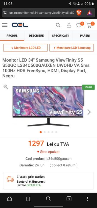 Monitor LED 34'' Samsung ViewFinity S5 100hz - ( pixel mort )