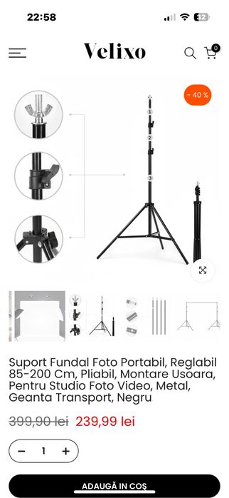 Set suport fundal pt studio, nou sigilat, trepiede+traversa+cleme+husa.
