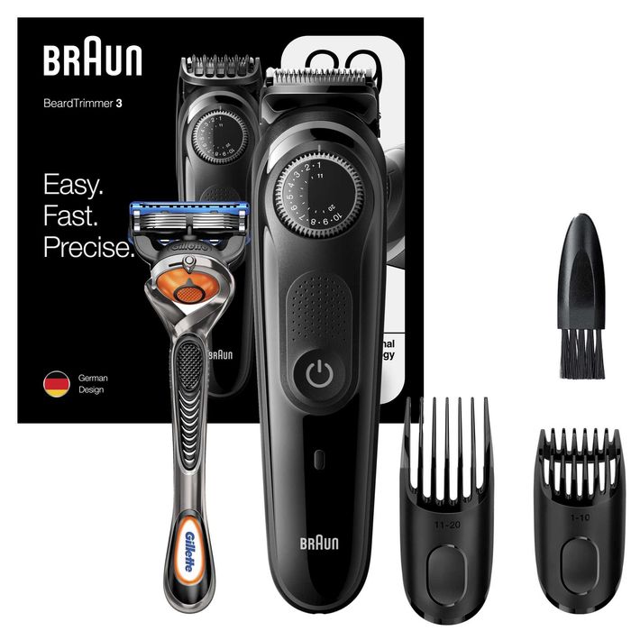 Aparat de tuns barba Braun Beard Trimmer BT3242 Wet&Dry, buton rotativ de precizie, 2 piepteni, Aparat de ras Gillette, Negru/Albastru - Braun