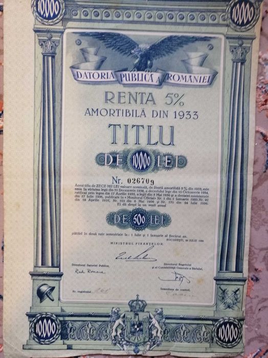 Renta 5% amortibila din 1933, titlu de 5000 si 10.000 lei