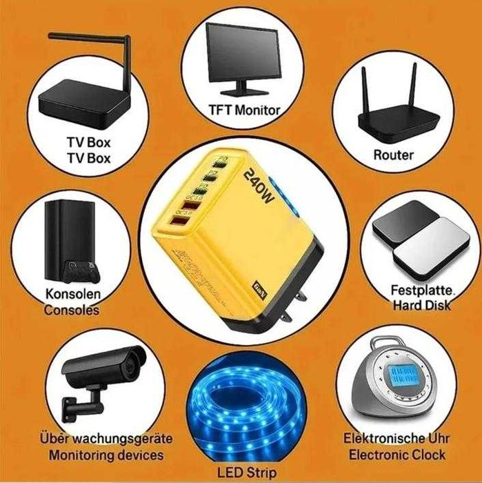 240W 2хUSB3.0QC USB Type-C 3xPD Зарядно Смартфони Quick Charge 3.0 LED