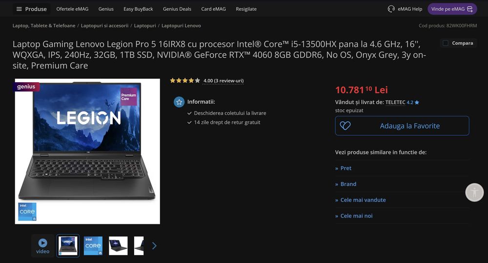 Laptop Gaming Lenovo Legion Pro 5 16IRX8 - 16'' IPS WQXGA 240Hz - i5-13500HX - 32GB RAM - 512GB SSD - NVIDIA GeForce RTX 4060 8GB GDDR6 - Onyx Grey