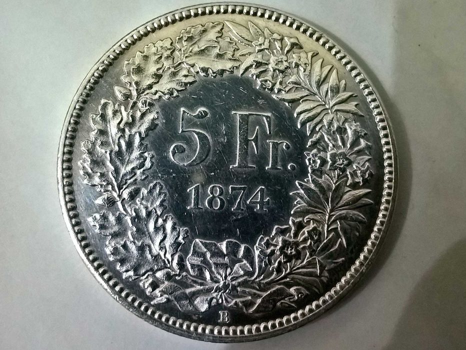 5 Francs 1874 Helvetia moneda elvetia argint 900 colectie vintage