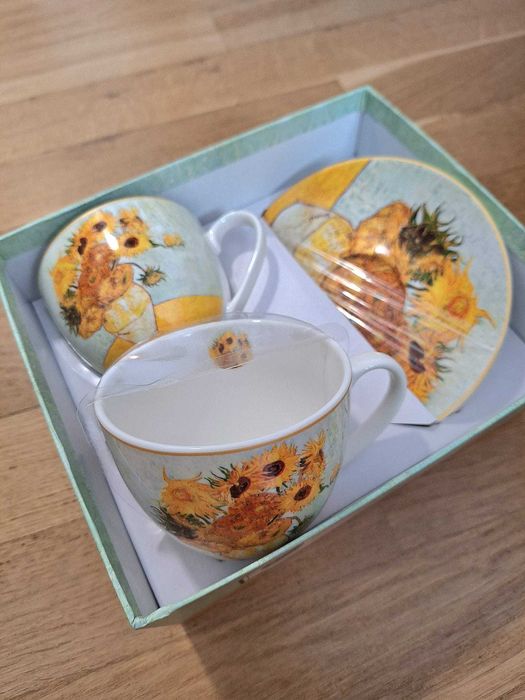 Комплект 2 чаши и чинийки, Ван Гог-Слънчогледи, порцелан, многоцветен