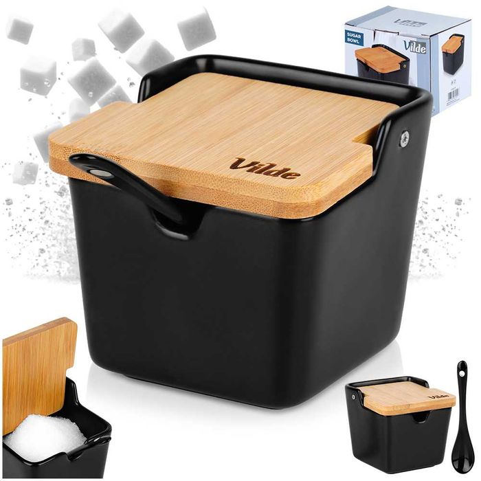 Захарница с лъжица, керамика/бамбук, черна, вместимост 250 мл