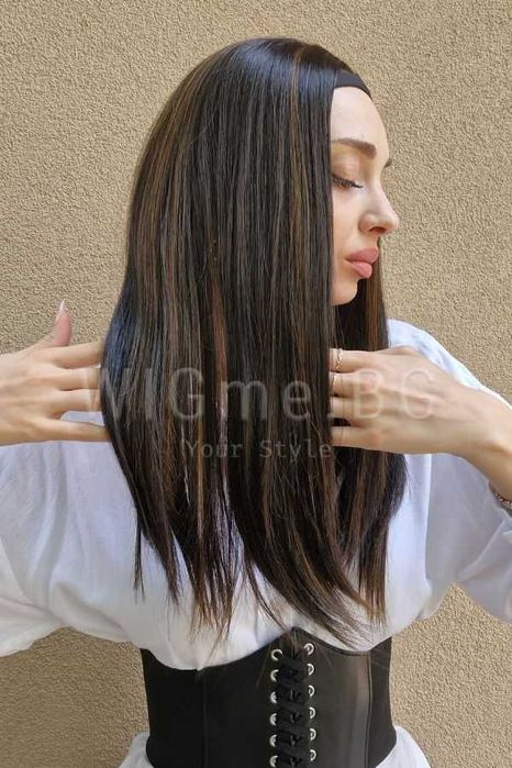 Дълга тъмнокестенява перука с лента Фелисия