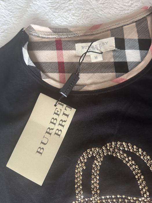 Tricou Burberry Brit damă, negru, mărimea M, aplicație cristale & imprimeu Nova Check, cu etichetă