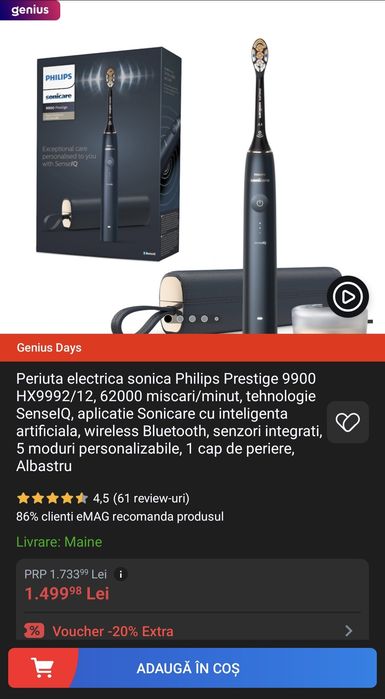 PHILIPS Sonicare Prestige 9900 HX9992/11, 5 programe, 62000 miscari