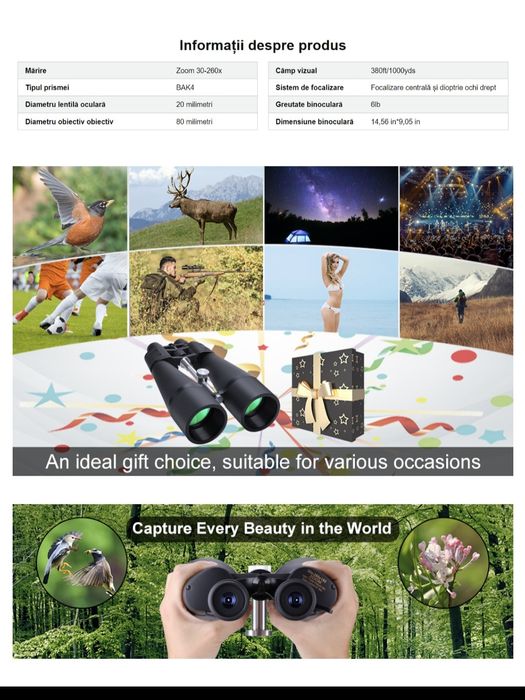 Binoclu profesional de mare putere, 30-260X, obiectiv 80 mm