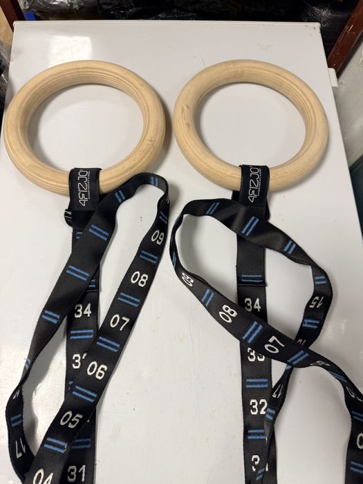 Set de 2 inele de gimnastică din lemn 4FIZJO cu chingi numerotate pentru reglare rapidă