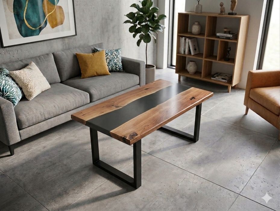 Măsuță cafea UNICAT - Lemn Masiv Nuc/Stejar și Rășină