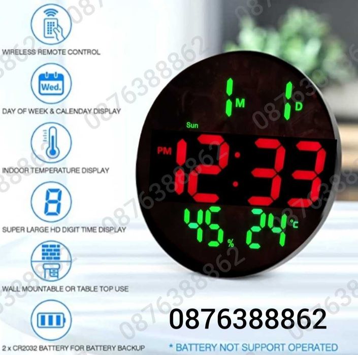 Електронен часовник с голям кръгъл лед дисплей и дистанционно