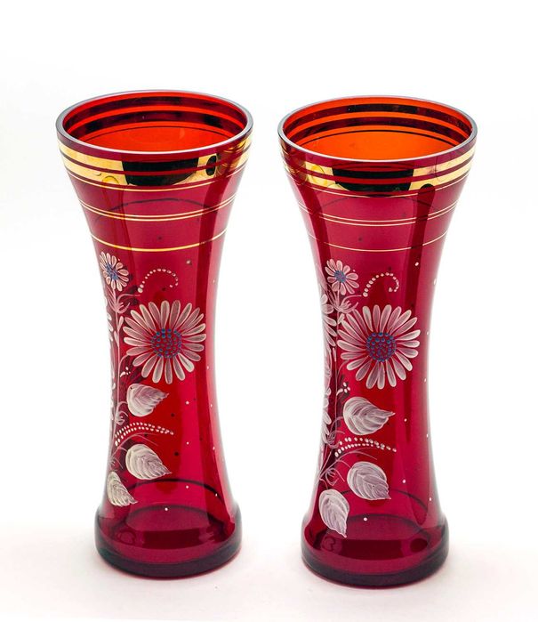 2 красные вазы с белой апликацией "Ромашки" - #Богема #Чехословакия
