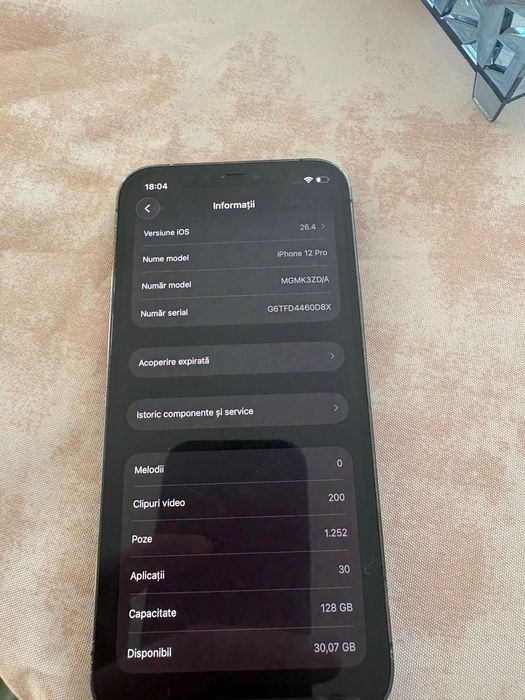 iPhone 12 Pro – 128GB, stare bună  Vând iPhone 12 Pro, capacitate 128GB, telefonul se prezintă bine din punct de vedere estetic și funcțional.