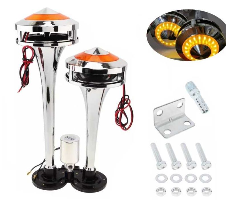 Двоен въздушен клаксон с жълта LED светлина 300 dB – 12V/24V