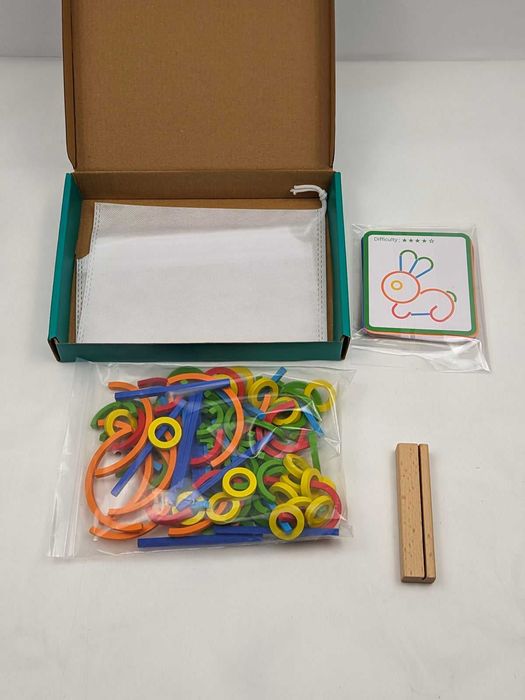 Puzzle Montessori din lemn, joc de potrivire a formelor, 120 bețișoare și inele, 20 carduri față-verso, 3-6 ani