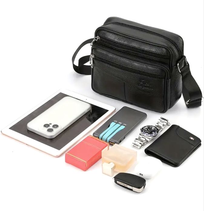 Мъжка кожена правоъгълна чанта за през рамо /Черна и кафява ест. кожа!