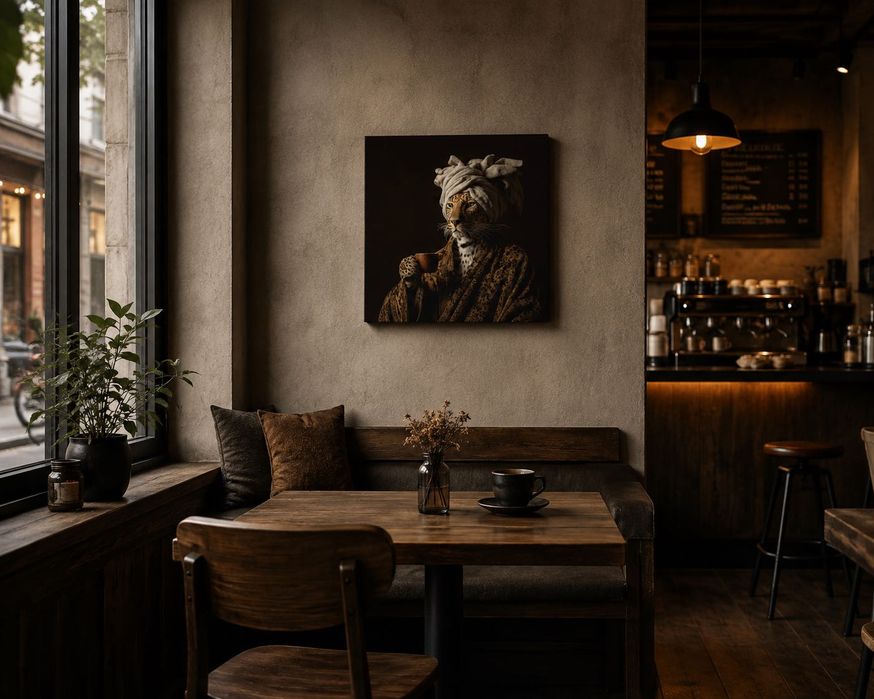 Tablou canvas Dimineața regelui, leopard cu cafea, portret amuzant, 60×45 - 120×90 cm
