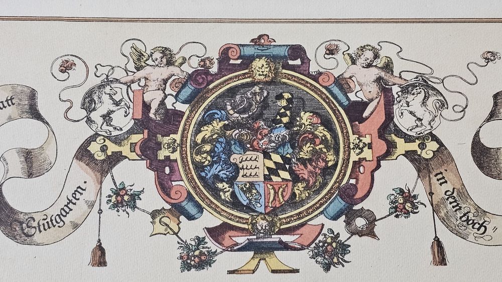 Veduta panoramica Stuttgart 1594 - interpretare dupa Braun & Hogenberg – rama aurita – documente