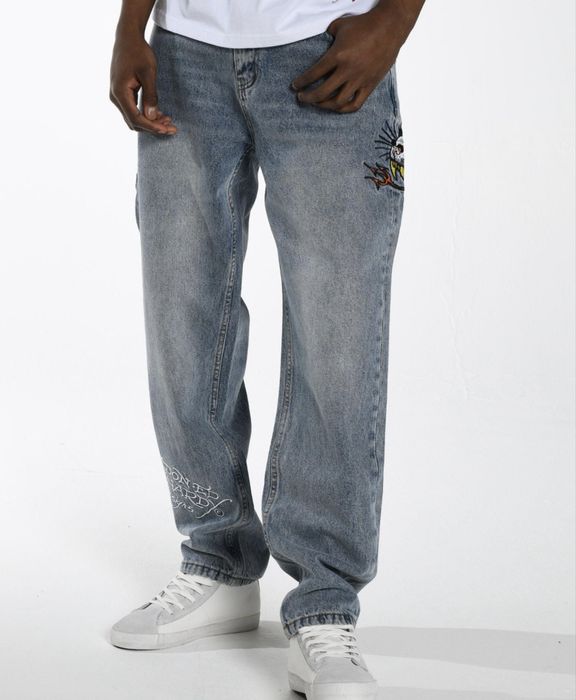 Ed Hardy men’s hell-cats tattoo graphic denim trousers jeans - bleach