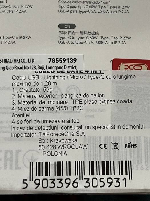 Încărcător rapid 60W 4-în-1 braided XO-NB293 – USB-C / iPhone / Android | Livrare Rapida 24-48H