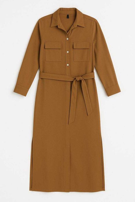 Коричневое платье-миди с карманами и поясом